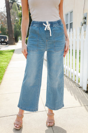 Raw Edge Denim Blue High Rise Drawstring Cropped Jeans