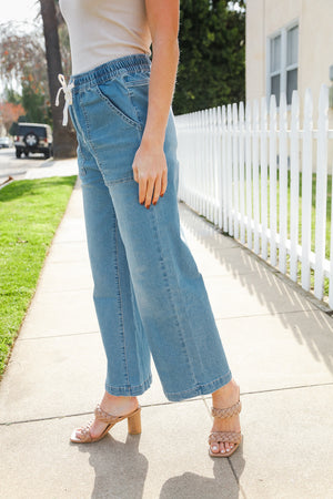 Raw Edge Denim Blue High Rise Drawstring Cropped Jeans