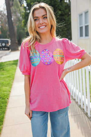 Feeling Joyful Hot Pink Sequin Easter Egg Terry Top