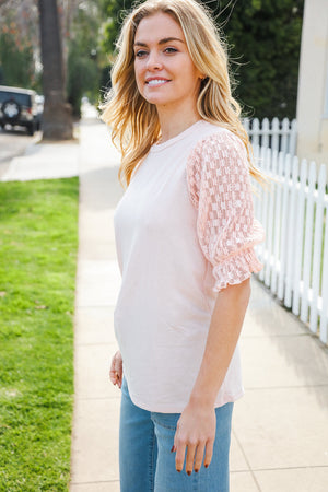 Adorable You Peach French Terry Lace Sleeve Top