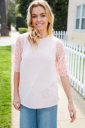 Adorable You Peach French Terry Lace Sleeve Top