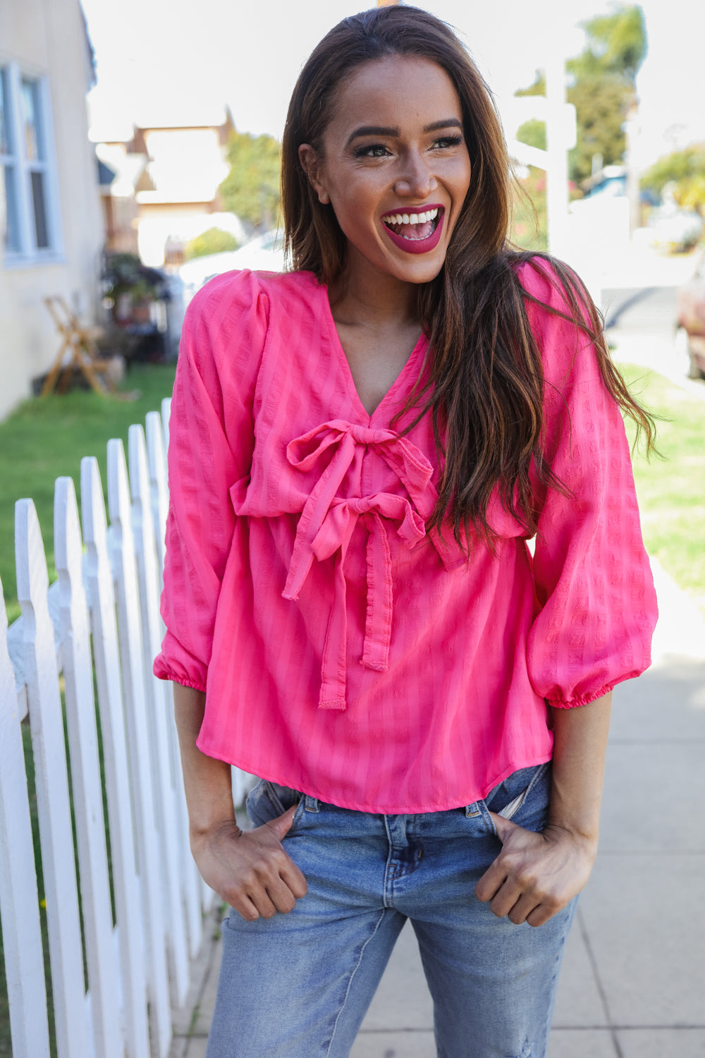 Stay With Me Pink V Neck Ribbon Bow Babydoll Woven Blouse