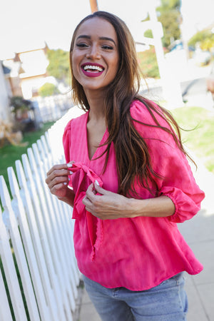 Stay With Me Pink V Neck Ribbon Bow Babydoll Woven Blouse