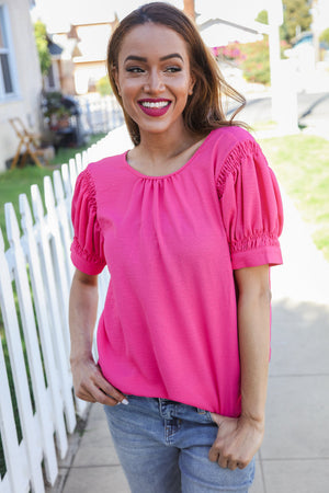 Perfectly You Solid Fuchsia Silk Shirred Cap Short Sleeve Blouse