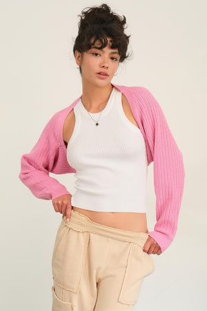 Ribbed Knit Bolero Cardigan - Rose Pink