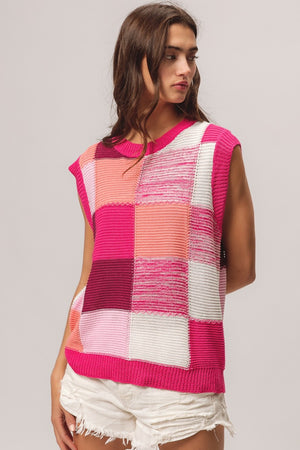 Color Block Sweater Vest - Fuchsia