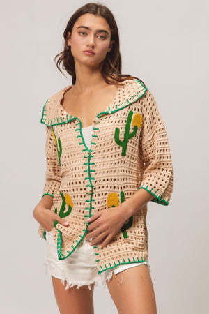 Crochet Cactus Patch Sweater Cardigan - Oatmeal Beige