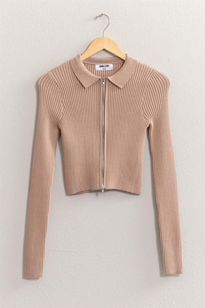 Ribbed Double Zip Cropped Cardigan - Taupe