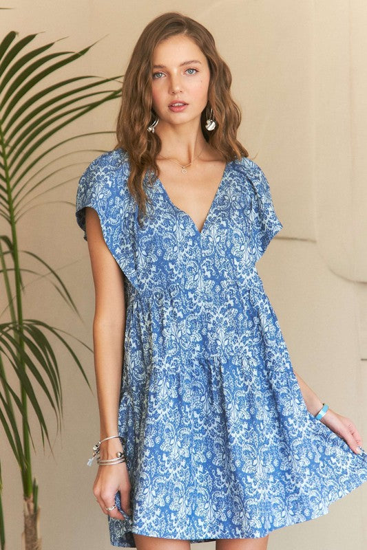 Printed V-Neck Ruffle Sleeve Mini Dress