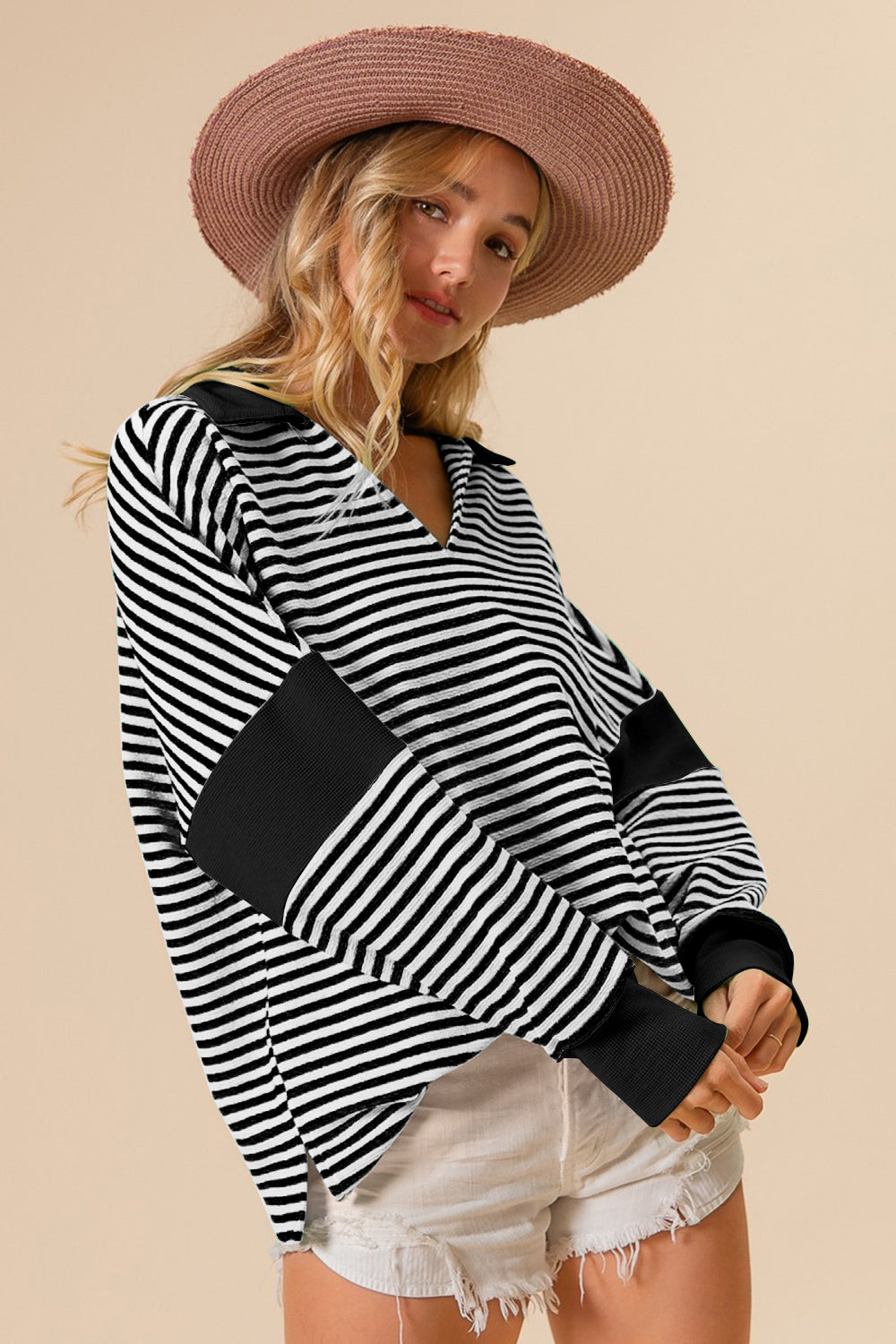 Striped Contrast Long Sleeve Knit Top - Black