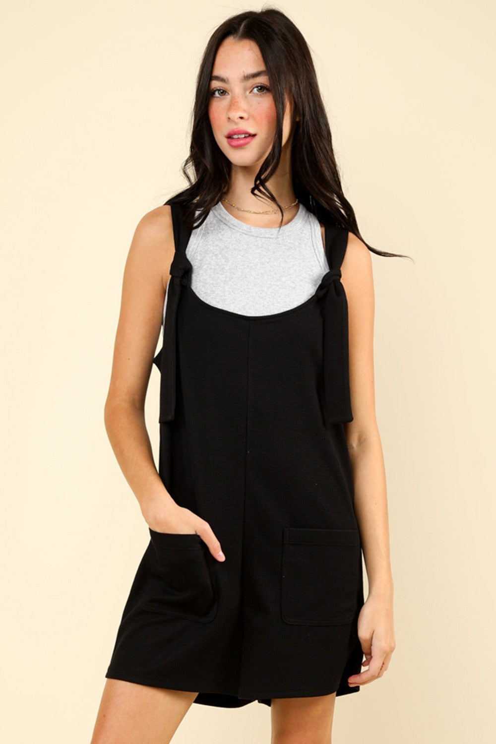 Tie Shoulder Front Pocket Romper - Black