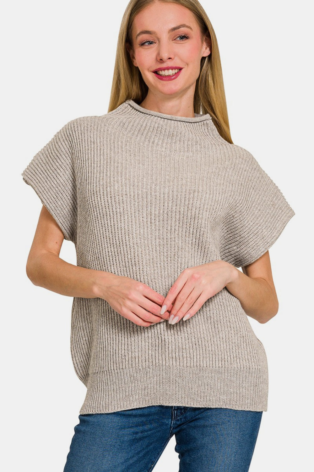 Short Sleeve Mock Neck Sweater - Mocha