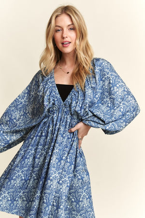 Printed V-Neck Batwing Sleeve Mini Dress