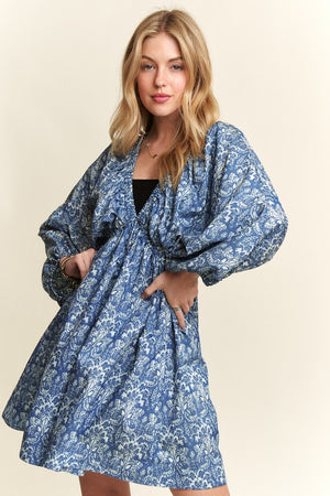 Printed V-Neck Batwing Sleeve Mini Dress