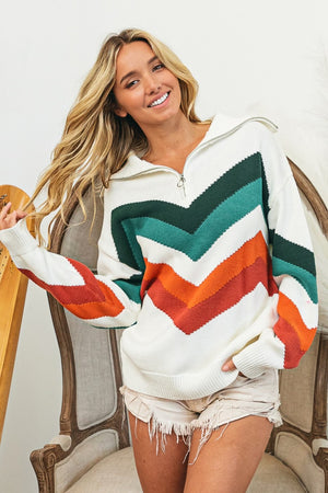 Chevron Pattern Sweater - Jade/Rust Combo