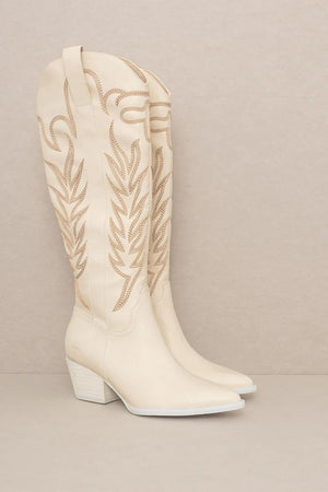 Embroidered Western Boots - Black, White, Off White, Nude, Beige