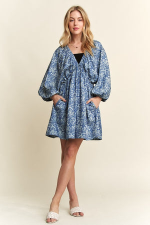 Printed V-Neck Batwing Sleeve Mini Dress