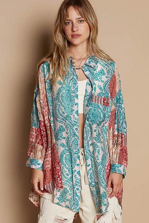 Long Sleeve Printed Button Down Shirt - Teal Multi