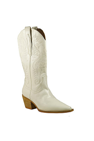 Embroidery Western Boots - Cream, White, Pewter