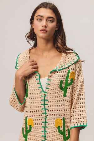 Crochet Cactus Patch Sweater Cardigan - Oatmeal Beige