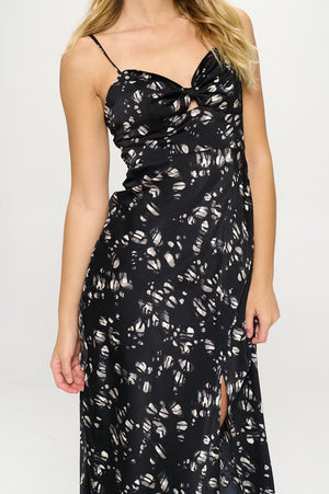 Satin Floral Print Maxi Dress - Black, Brown, Red