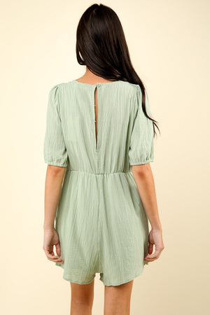 Lace Detail Puff Sleeve Romper with Pockets - Sage Green