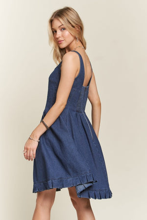 Smocked Back Square Neck Denim Dress