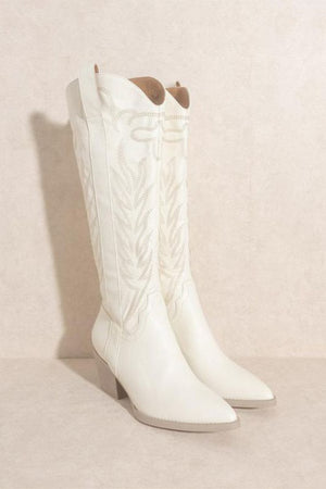 Embroidered Western Boots - Black, White, Off White, Nude, Beige