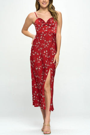 Satin Floral Print Maxi Dress - Black, Brown, Red