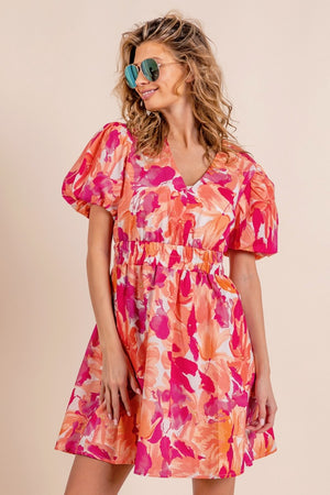 Floral V-Neck Puff Sleeve Mini Dress - Orange/Fuchsia