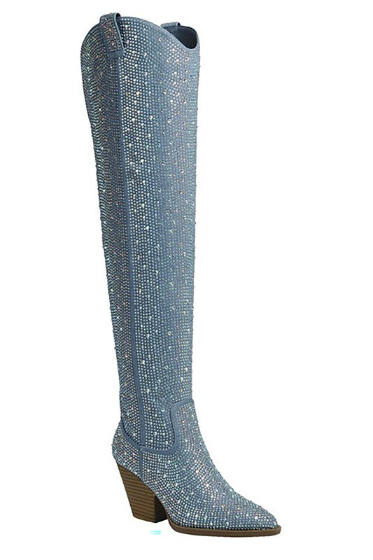 Over Knee Rhinestone Western Boots - White, Blue Denim