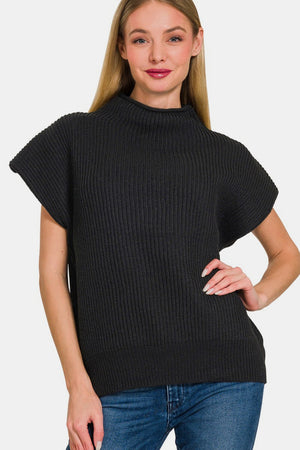 Short Sleeve Mock Neck Sweater - Black