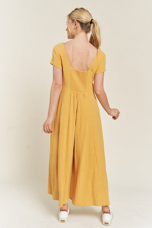 Button Down Linen Jumpsuit - Yellow, Navy - Plus Size