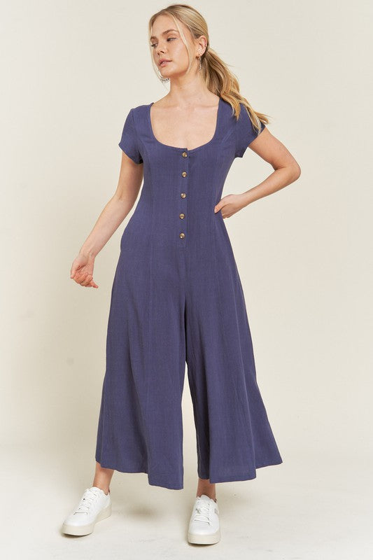 Button Down Linen Jumpsuit - Yellow, Navy - Plus Size