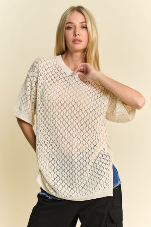 Side Slit Openwork Round Neck Half Sleeve Knit Cover Up