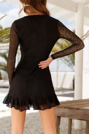 Soft Lace Surplice Mini Dress - Black