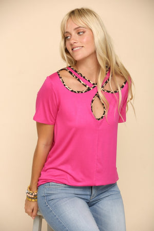 Crisscross Cutout Leopard Trim Top - Pink