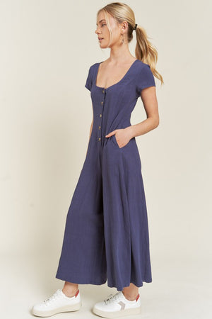 Linen Button Down Jumpsuit - Yellow, Navy