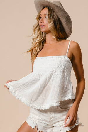 Fringed Hem Smocked Cami - Off White