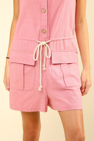 Half Button Drawstring Sleeveless Romper - Blush