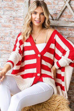 Textured Striped Button Down Cardigan - Red