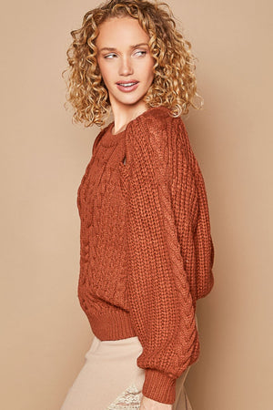 Cable Knit Cutout Long Sleeve Sweater - Fired Brick