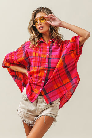 Dolman Sleeve Plaid Shirt