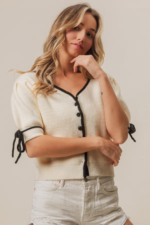 Tie Sleeve Contrast Cardigan - Off White/Black Trim