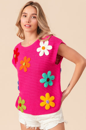 Flower Accent Knit Top - Fuchsia Pink