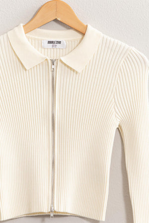 Ribbed Double Zip Cropped Cardigan - Cream