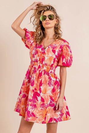 Floral V-Neck Puff Sleeve Mini Dress - Orange/Fuchsia