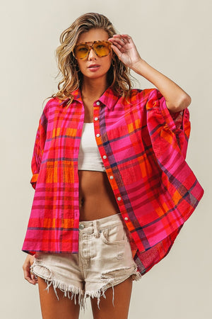 Dolman Sleeve Plaid Shirt