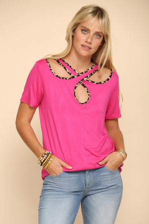 Crisscross Cutout Leopard Trim Top - Pink