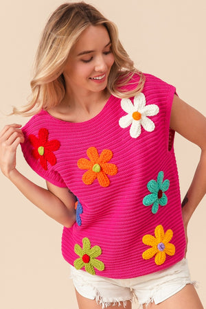 Flower Accent Knit Top - Fuchsia Pink